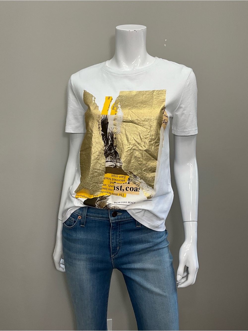 ZARA White Gold Foil Graphic Tee East Coast Palm Cove Crewneck S